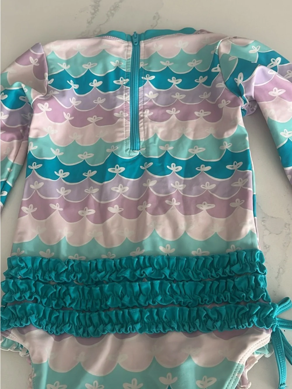 Ruffle Butts Long Sleeve One Piece Rash Guard Swim Suit Mermaid print 3T